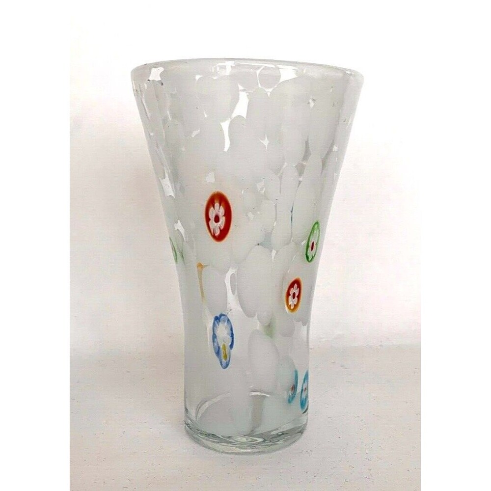 VINTAGE Murano Millefiori Art Glass 6.25" VASE White/Clear Various Color Canes